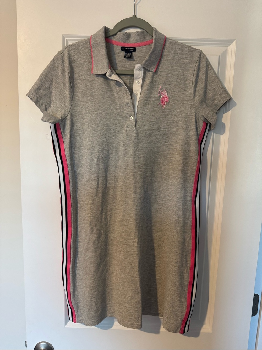 U.S. Polo Assn. Gray Pink Side Stripe Polo Dress Size L Cotton Stretch Sporty